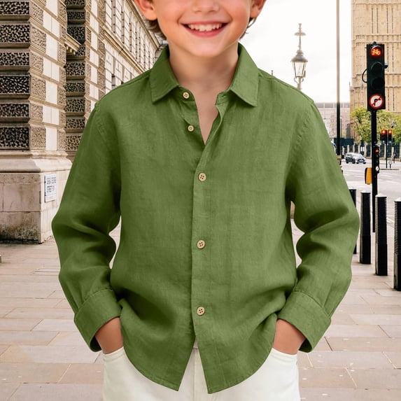 UACY Boys Linen Button Down Shirts Cotton Lapel Collar Tee Tops Kids Plain Long Sleeve Breathable Casual Loose Basic T-Shirt