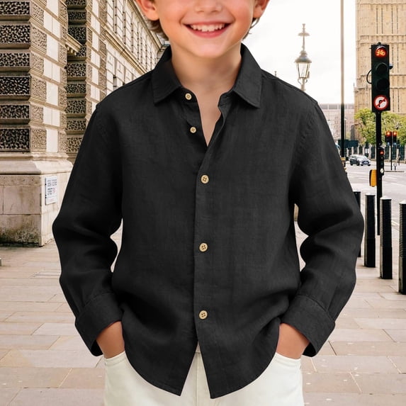 UACY Boys Linen Button Down Shirts Cotton Lapel Collar Tee Tops Kids Plain Long Sleeve Breathable Casual Loose Basic T-Shirt