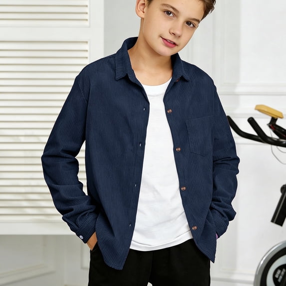 UACY Boys Long Sleeve Corduroy Shirts Vintage Western Shacket with Pockets Spring Casual Solid Collared Button Down Dress Shirts