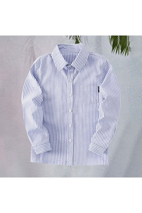 Boys Long Sleeve Oxford Dress Shirts Casual Button Down Shirts Striped Tops Kids Blouse Lapel Solid Formal Tee (Blue, 5-6 Years)