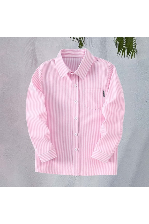 Boys Long Sleeve Oxford Dress Shirts Casual Button Down Shirts Striped Tops Kids Blouse Lapel Solid Formal Tee (Pink, 13-14 Years)