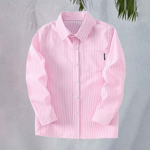UACY Boys Long Sleeve Oxford Dress Shirts Casual Button Down Shirts Striped Tops Kids Blouse Lapel Solid Formal Tee (Pink, 9-10 Years)