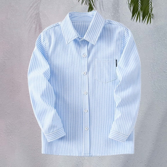 UACY Boys Long Sleeve Oxford Dress Shirts Casual Button Down Shirts Striped Tops Kids Blouse Lapel Solid Formal Tee (Sky Blue, 11-12 Years)