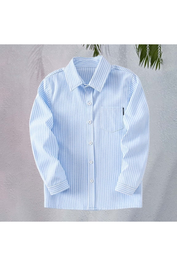 Boys Long Sleeve Oxford Dress Shirts Casual Button Down Shirts Striped Tops Kids Blouse Lapel Solid Formal Tee (Sky Blue, 11-12 Years)
