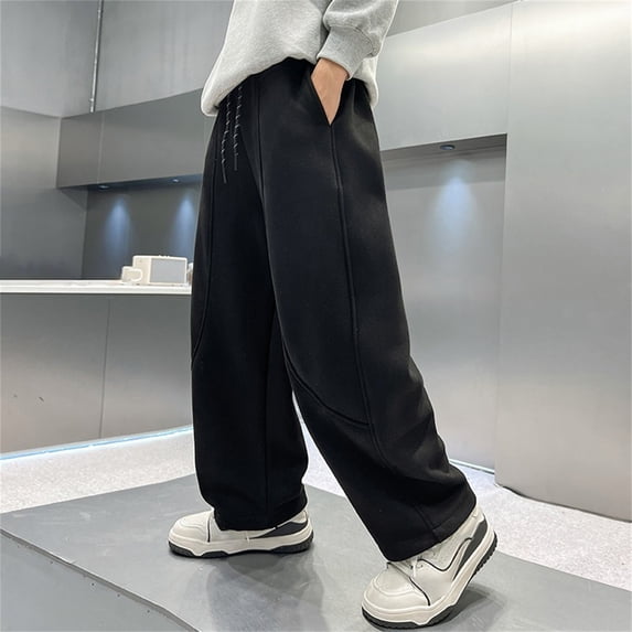 UACY Boys Straight Leg Sweatpants Curved Seam Drawstring Elastic Waist Casual Pants Side Pockets Comfy Sweat Pants for Daily Streetwear (Black, 14-16 Years)