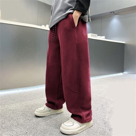 UACY Boys Straight Leg Sweatpants Curved Seam Drawstring Elastic Waist Casual Pants Side Pockets Comfy Sweat Pants for Daily Streetwear (Wine, 14-16 Years)