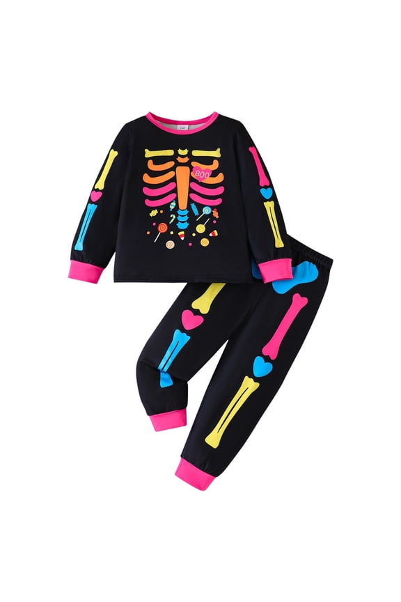 Boys and Girls Skeleton Halloween Outfit, Long Sleeve Sweatshirt and Pants Set, Toddler Skull Sleepwear 2 Piece Set (Hot Pink, 3-4 Years)