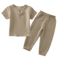 thumbnail image 1 of UACY Cotton Linen Summer Outfit for Toddlers, 2-Piece Casual Clothing Set, Short Sleeve Button Down Shirt and Jogger Sweatpants (Khaki, 3-4 Years), 1 of 3