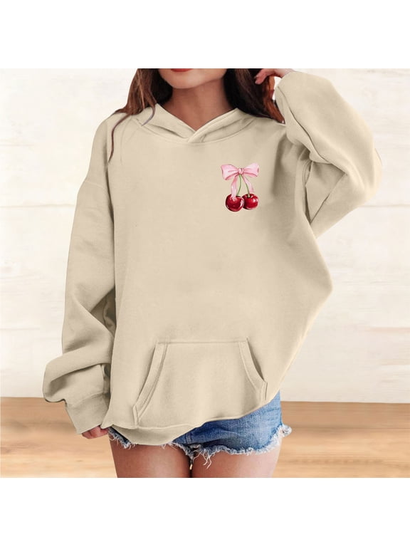 Cute Cherry Hoodie for Girls Bow Graphic Hoodies Kids Long Sleeve Hooded Sweatshirt Preppy Pullover with Pocket (Beige, 11-12 Years)