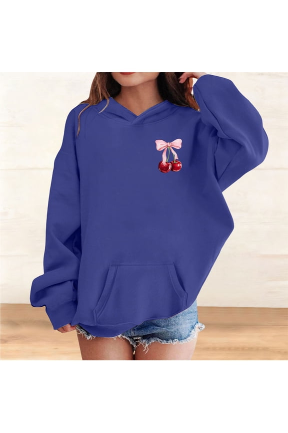 Cute Cherry Hoodie for Girls Bow Graphic Hoodies Kids Long Sleeve Hooded Sweatshirt Preppy Pullover with Pocket (Dark Blue, 11-12 Years)