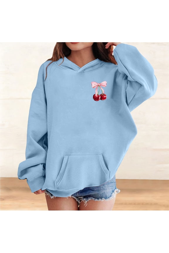 Cute Cherry Hoodie for Girls Bow Graphic Hoodies Kids Long Sleeve Hooded Sweatshirt Preppy Pullover with Pocket (Light Blue, 9-10 Years)