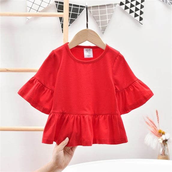 UACY Cute Short Ruffle Sleeve Peplum T-Shirts Crewneck Solid Color Tee Shirts Girls Lightweight Summer Casual Tops (Red, 9-10 Years)