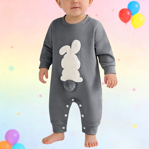 UACY Easter Baby Boy Girl Outfit Embroidery Bunny Rompers Bunny Tail Jumpsuit Unisex Newborn Infant Easter Clothes (Black, 3-6M )