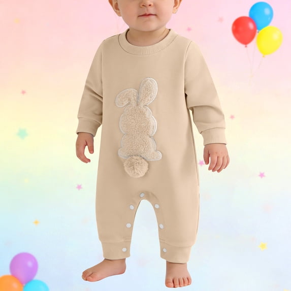 UACY Easter Baby Boy Girl Outfit Embroidery Bunny Rompers Bunny Tail Jumpsuit Unisex Newborn Infant Easter Clothes (Khaki, 6-12M)