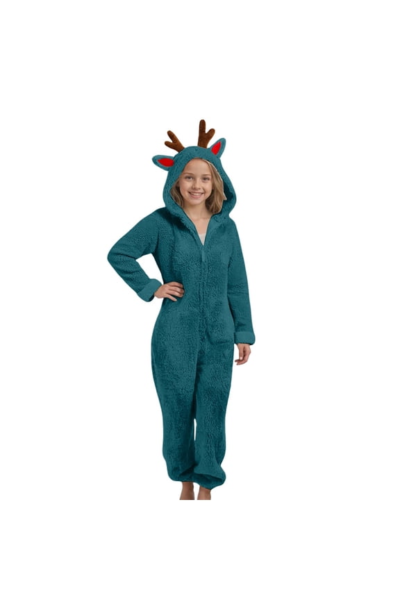 Fleece Jumpsuit for Girls Fall Winter Zip Up Fuzzy Sherpa Onesie Cute ELK Hooded Plain Furry Warm Soft Outfits ﻿ (Green, 3-4 Years)