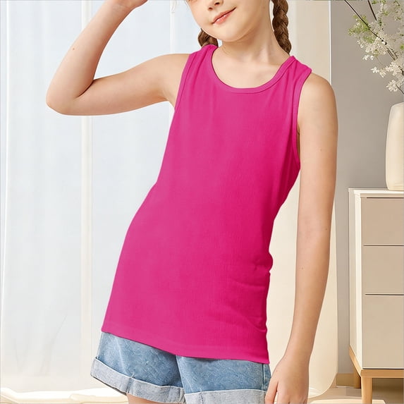 UACY Girl Cotton Sleeveless Shirt Strap Racerback Athletic Tank Top Toddler Summer Comfy Top Kid Girls Soft Yoga Casual Undershirt (Hot Pink, 9-10 Years)