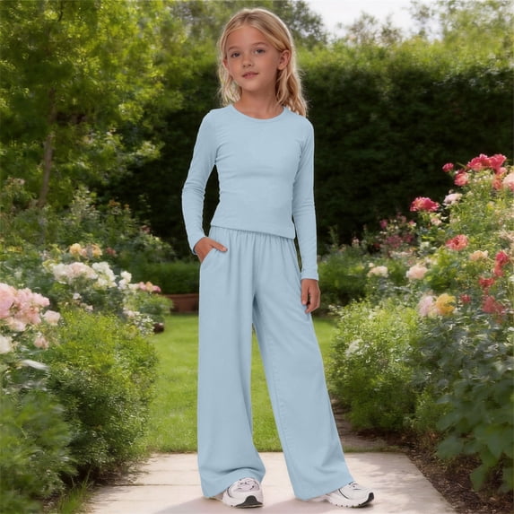 UACY Girl's 2 Piece Matching Lounge Set Long Sleeve Side Ruching Top Wide Leg Drawstring Pants Set with Pockets