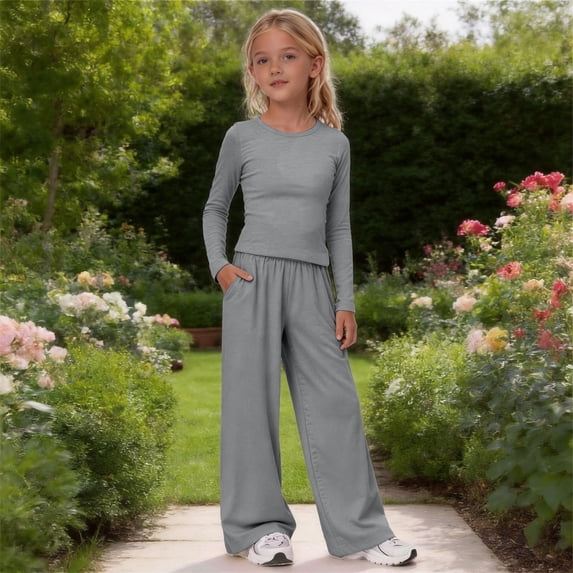 UACY Girl's 2 Piece Matching Lounge Set Long Sleeve Side Ruching Top Wide Leg Drawstring Pants Set with Pockets