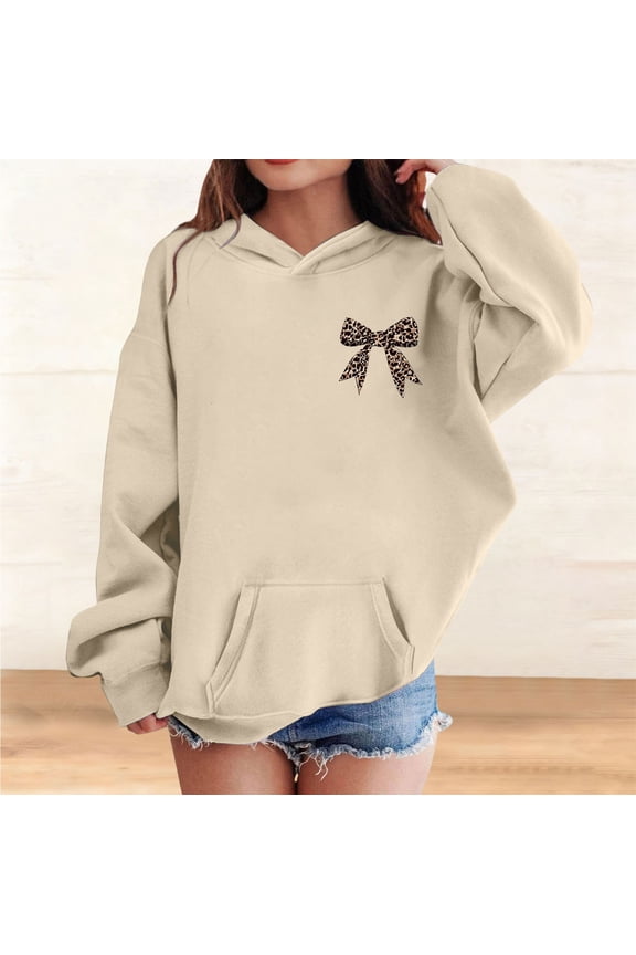 Girl's Hoodies Sweatshirt Bow Graphic Hoodie Long Sleeve Pullover Tops Cute Hoodies for Teen Girls with Pocket (Beige, 9-10 Years)