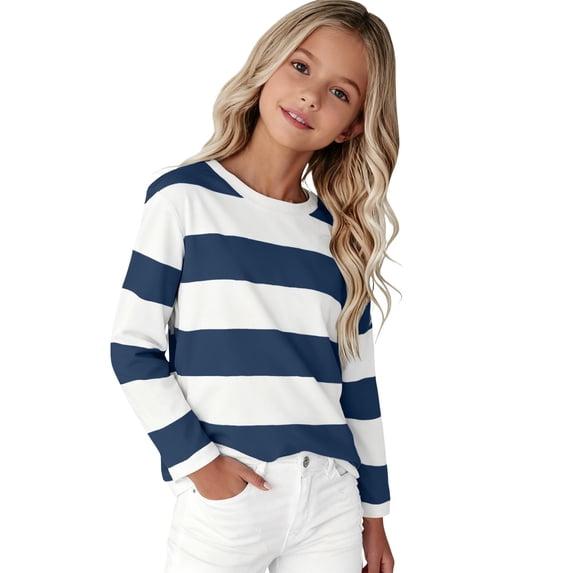 UACY Girl's Long Sleeve T-Shirts Striped, Girls Classic Cotton Blend Crewneck Tee Kids Stripes Shirt Soft Everyday Basic Top (Navy, 2-3 Years)