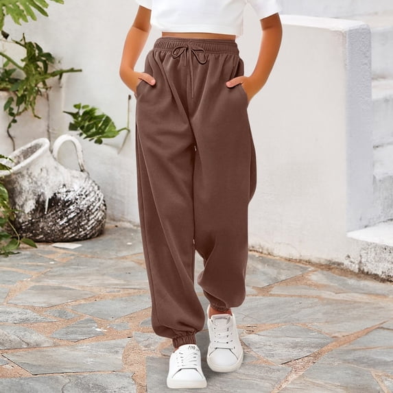 UACY Girl's Sweatpants Kids Cotton Drawstring Joggers Elastic Waisted Athletic Pants with Zippered Pockets for Teen Girls (Coffee, 11-12 Years)