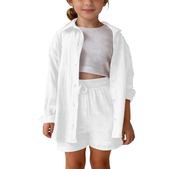 UACY Girls 2 Pcs Boho Linen Outfits Long Sleeve Button Down Loose Top Matching Short Pants Toddler Kids Casual Gauze Sets (White, 9-10 Years)