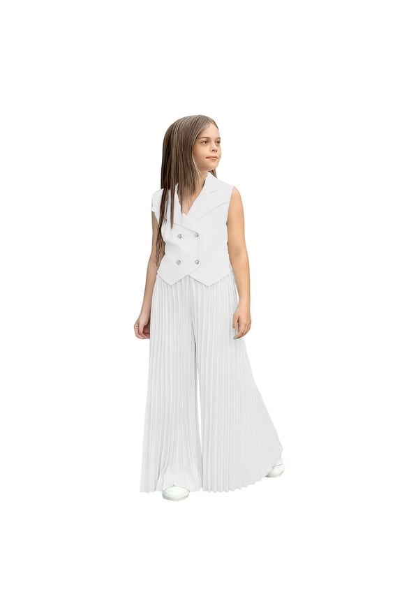 Girls 2 Piece Outfits Double Breasted Lapel Collar Suit Vest and Pleated Wide Leg Pants Sets for Kids (White, 2-3 Years)
