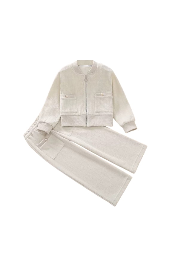 Girls 2 Piece Outfits Long Sleeve Zip Up Sequined Outerwear Jackets Elastic Waist Baggy Pants Sets Teen Girl Summer Sweatsuit (Beige, 7-8 Years)