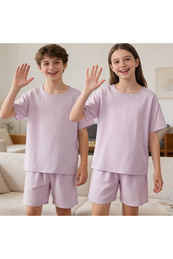 Girls 2 Piece Short Set Kids Cotton Summer Outfit for Girl Breathable Short Sleeve T-Shirt Elastic Waist Wide Leg Short Pants (Purple, 13-14 Years)