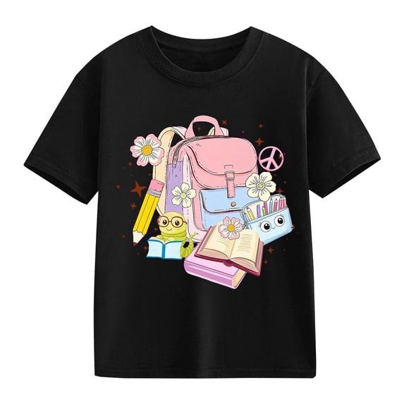 UACY Girls Backpack Book Graphic T Shirt Short Sleeve Crew Neck Cotton Casual Summer Tee for Back to School (Black, 3-4 Years)