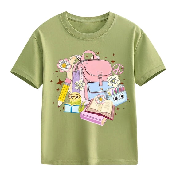 UACY Girls Backpack Book Graphic T Shirt Short Sleeve Crew Neck Cotton Casual Summer Tee for Back to School (Light Green, 12-13 Years)