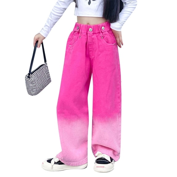 UACY Girls Baggy Jeans - Elastic High Waist Wide Leg Washed Denim Pants for Daily Comfort Wear (Hot Pink, 11-12 Years)
