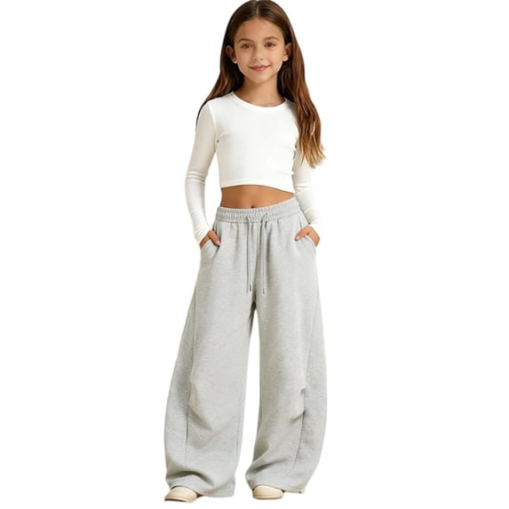 UACY Girls Barrel Sweatpants Loose Fit Wide Leg Pants | High Waist Straight Leg Baggy Pants Workout Joggers Loose Active Pants with Pockets for Streetwear (Light Ashy, 10-11 Years)