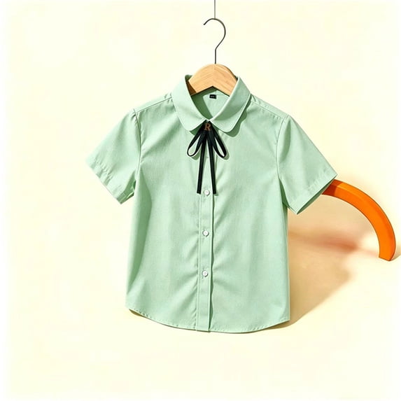 UACY Girls Blouse Button Down Shirts Puff Short Sleeve Princess Bowknot School Uniform Tops (Green, 6-7 Years)