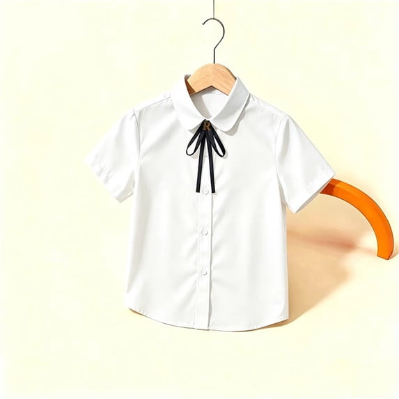 UACY Girls Blouse Button Down Shirts Puff Short Sleeve Princess Bowknot School Uniform Tops (White, 5-6 Years)
