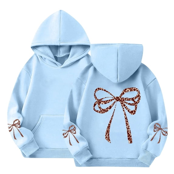 UACY Girls Bow Leopard Cheetah Graphic Hoodie Long Sleeve Pullover Tops Cute Preppy Aesthetic Oversized Sweatshirt School (Light Blue, 11-12 Years)