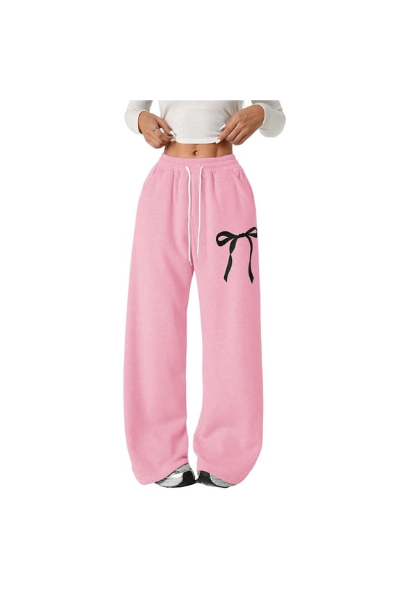 Girls Bow Sweatpants Baggy Wide Leg Sweat Pants with Pockets Elastic Waist Mid Rise Teen Casual Cute Kids (Pink, 6-7 Years)