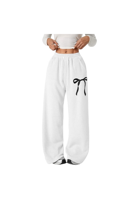 Girls Bow Sweatpants Baggy Wide Leg Sweat Pants with Pockets Elastic Waist Mid Rise Teen Casual Cute Kids (White, 8-9 Years)