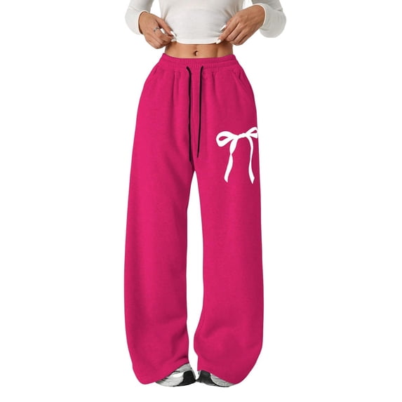 UACY Girls Bow Sweatpants Baggy Wide Leg Teen Sweat Pants | Bowknot Print with Pockets Elastic Waist Mid Rise Youth Preppy Trousers (Hot Pink, 4-5 Years)