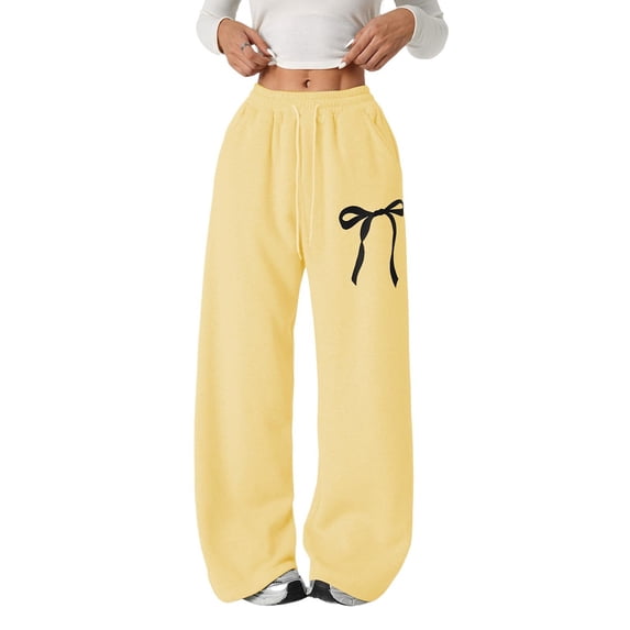 UACY Girls Bow Sweatpants Baggy Wide Leg Teen Sweat Pants | Bowknot Print with Pockets Elastic Waist Mid Rise Youth Preppy Trousers (Light Yellow, 13-14 Years)