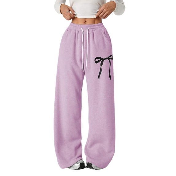 UACY Girls Bow Sweatpants Baggy Wide Leg Teen Sweat Pants | Bowknot Print with Pockets Elastic Waist Mid Rise Youth Preppy Trousers (Purple, 9-10 Years)