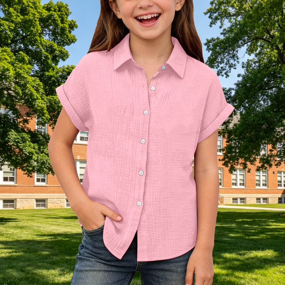 UACY Girls Casual Cotton Linen Button Down Short Sleeve Shirts Solid Summer Beach Blouses Tops with Pocket (Pink, 6-7 Years)