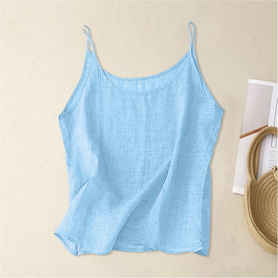 UACY Girls Cotton Linen Tank Tops Summer Casual Sleeveless Plain Spaghetti Strap Camisole Tween Cute Vacation Undershirts (Blue, 12-13 Years)