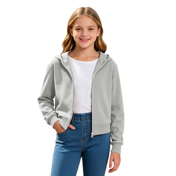 UACY Girls Cropped Full Zip Hoodie Jackets, Solid Color Long Sleeve Hooded Sweatshirt, Trendy Comfy Casual Tops for Kids Daily Wear (Grey, 13-14 Years)