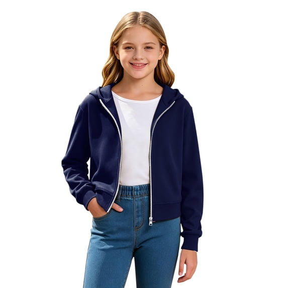 UACY Girls Cropped Full Zip Hoodie Jackets, Solid Color Long Sleeve Hooded Sweatshirt, Trendy Comfy Casual Tops for Kids Daily Wear (Navy, 9-10 Years)