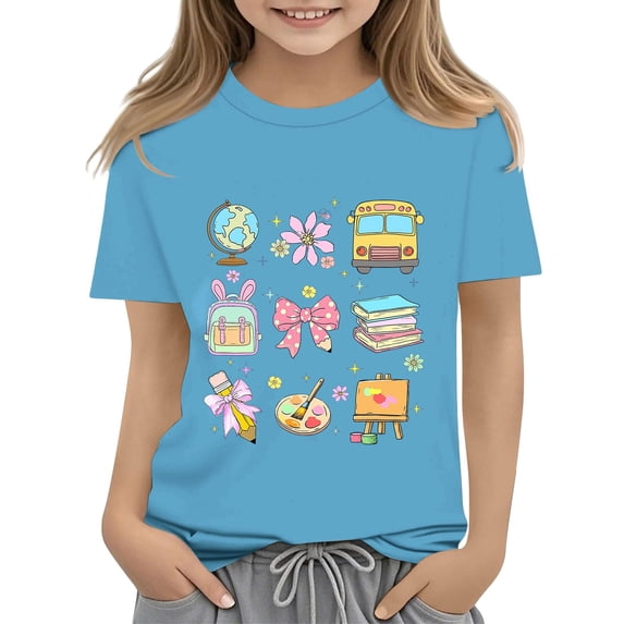 UACY Girls Cute School Graphic T Shirt Short Sleeve Crew Neck Cotton Casual Summer Tee for Back to School (Light Blue, 8-9 Years)