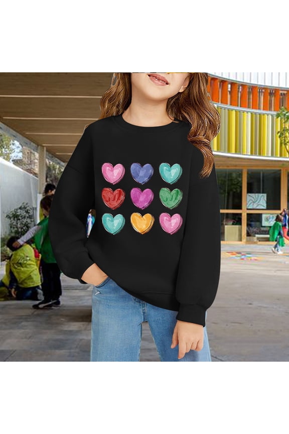 Girls Cute Sweatshirts Heart Print Oversized Sweat Shirts Tween Preppy Clothes Fall Winter Long Sleeve Tops (Black, 9-10 Years)
