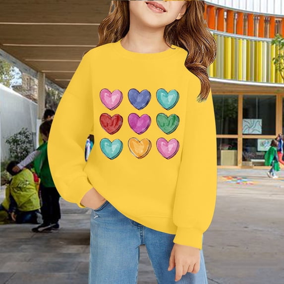 UACY Girls Cute Sweatshirts Heart Print Oversized Sweat Shirts Tween Preppy Clothes Fall Winter Long Sleeve Tops (Yellow, 9-10 Years)