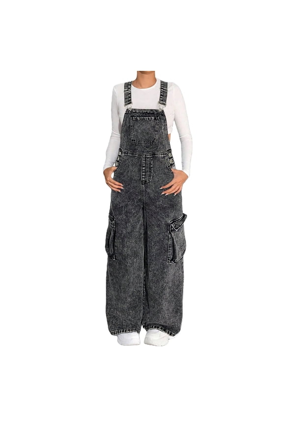 Girls Denim Overalls Jumpsuits Sleeveless Adjustable Straps Straight Leg Jeans Trendy Baggy Cargo Jumpers with Pockets (Grey, 7-8 Years)