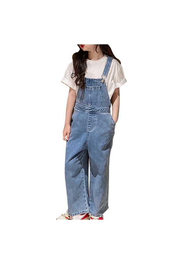 Girls Denim Overalls Wide Leg Straight Jean Jumpsuit Pants Kids Casual Buttons Adjustable Strap Dungarees Bib Workwear (Light Blue, 5-6 Years)